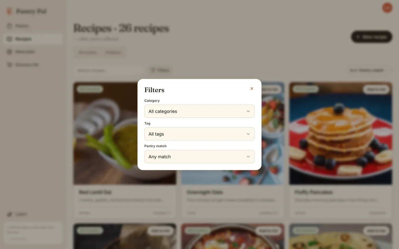 The Filters dialog over the sorted cookbook, showing Category, Tag, and Pantry match set to Any match