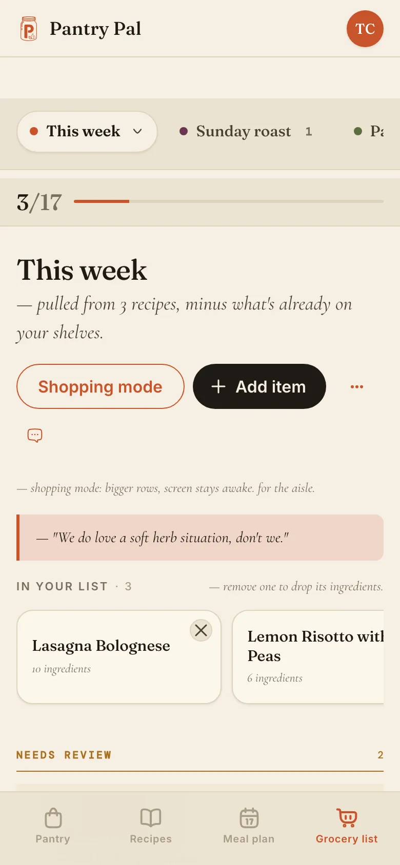 Pantry Pal's grocery list on a phone, headed 'This week — pulled from 3 recipes, minus what's already on your shelves', 3 of 17 ticked off, with Lasagna Bolognese and Lemon Risotto with Peas in the list and a 'Needs review' section under them.