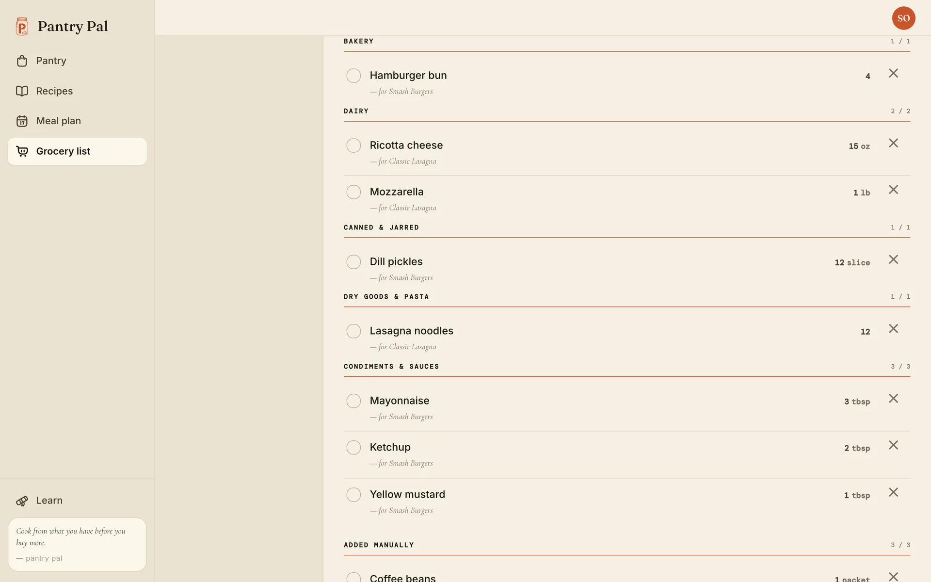 The grocery list grouped into Bakery, Dairy, Canned & Jarred, Dry Goods & Pasta, and Condiments & Sauces, each with a count, followed by an Added manually section