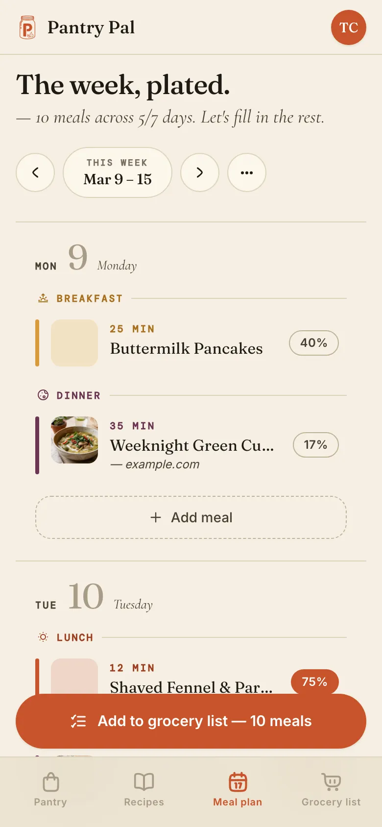 Pantry Pal's meal plan on a phone, headed 'The week, plated — 10 meals across 5/7 days' for March 9–15: Buttermilk Pancakes badged 40% for Monday breakfast, a weeknight green curry badged 17% for dinner, and a button reading 'Add to grocery list — 10 meals'.
