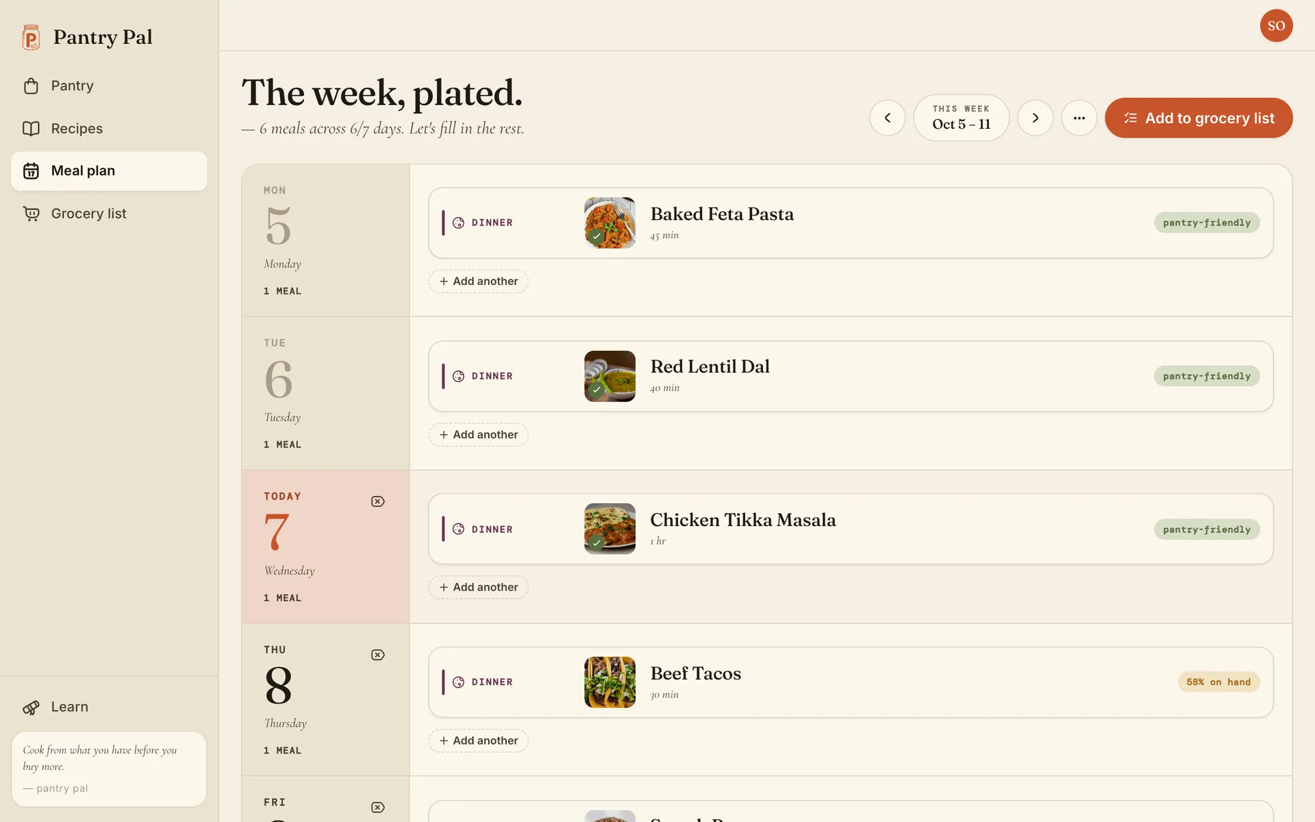 The meal plan for the week of October 5, with Baked Feta Pasta, Red Lentil Dal, and Chicken Tikka Masala marked pantry-friendly and Beef Tacos marked 58% on hand