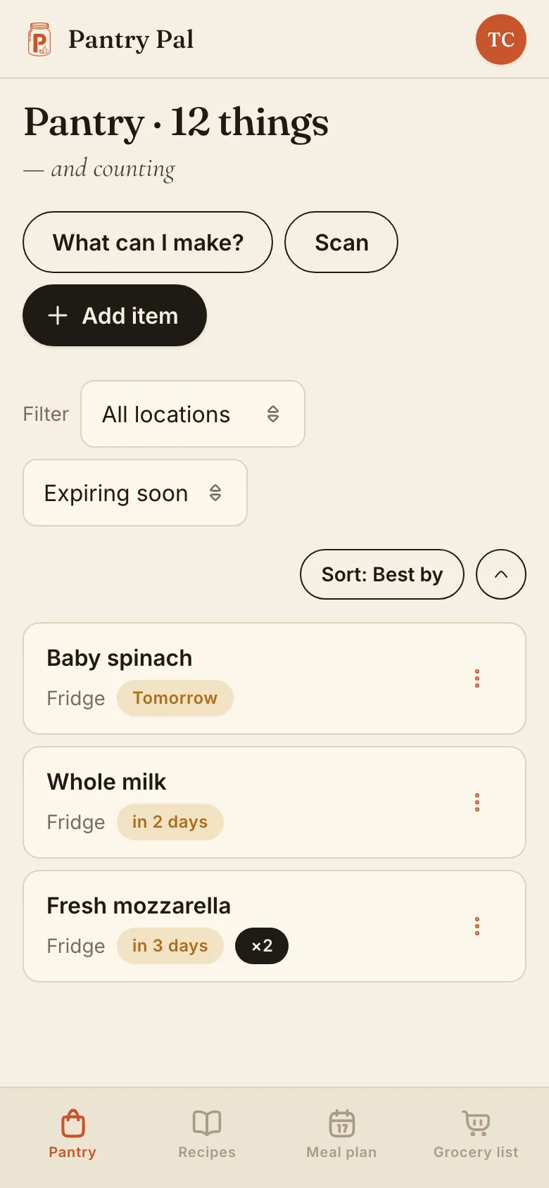 Pantry Pal's pantry on a phone, headed 'Pantry · 12 things', filtered to 'Expiring soon' and sorted 'Best by': baby spinach in the fridge due tomorrow, whole milk in two days, and two fresh mozzarella in three days.