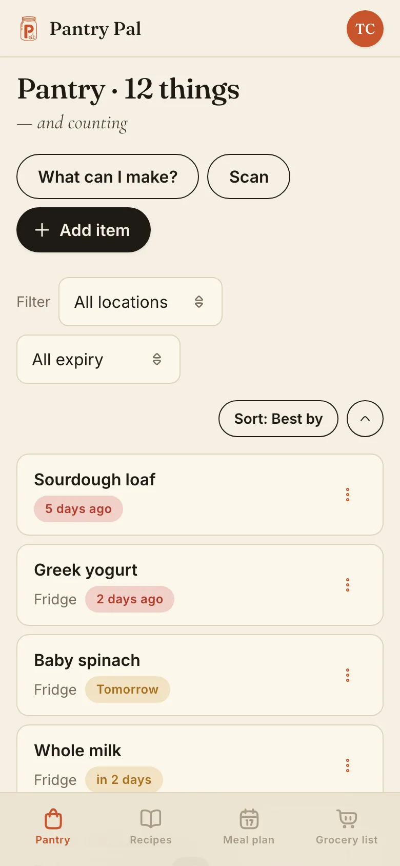 Pantry Pal's pantry on a phone, headed 'Pantry · 12 things', sorted best-by first: a sourdough loaf five days past, Greek yogurt in the fridge two days past, baby spinach due tomorrow and whole milk in two days, with filters for location and expiry above them.
