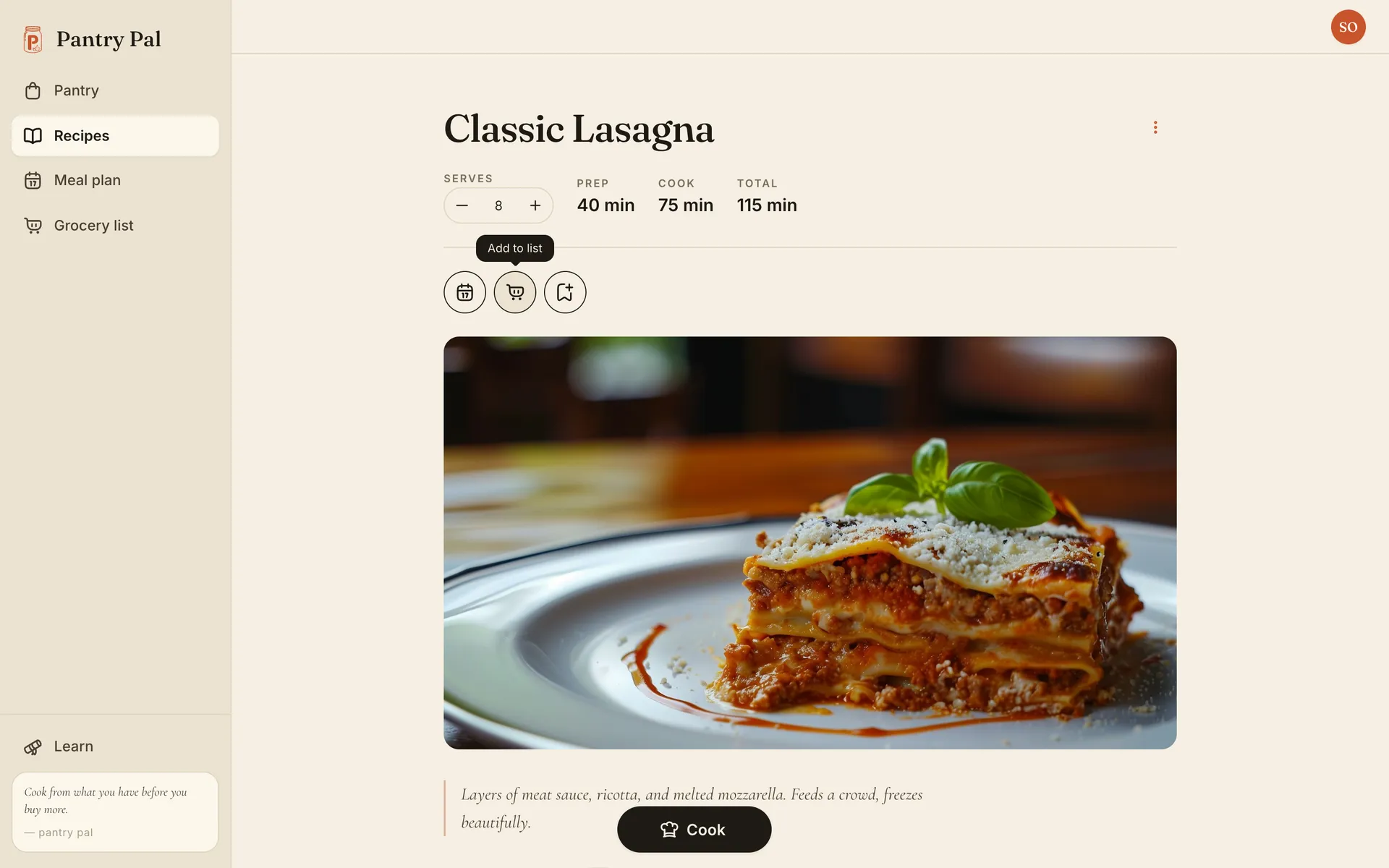 The Classic Lasagna recipe page with the cursor over the cart button, which shows an 'Add to list' tooltip beside the meal plan and chapter buttons
