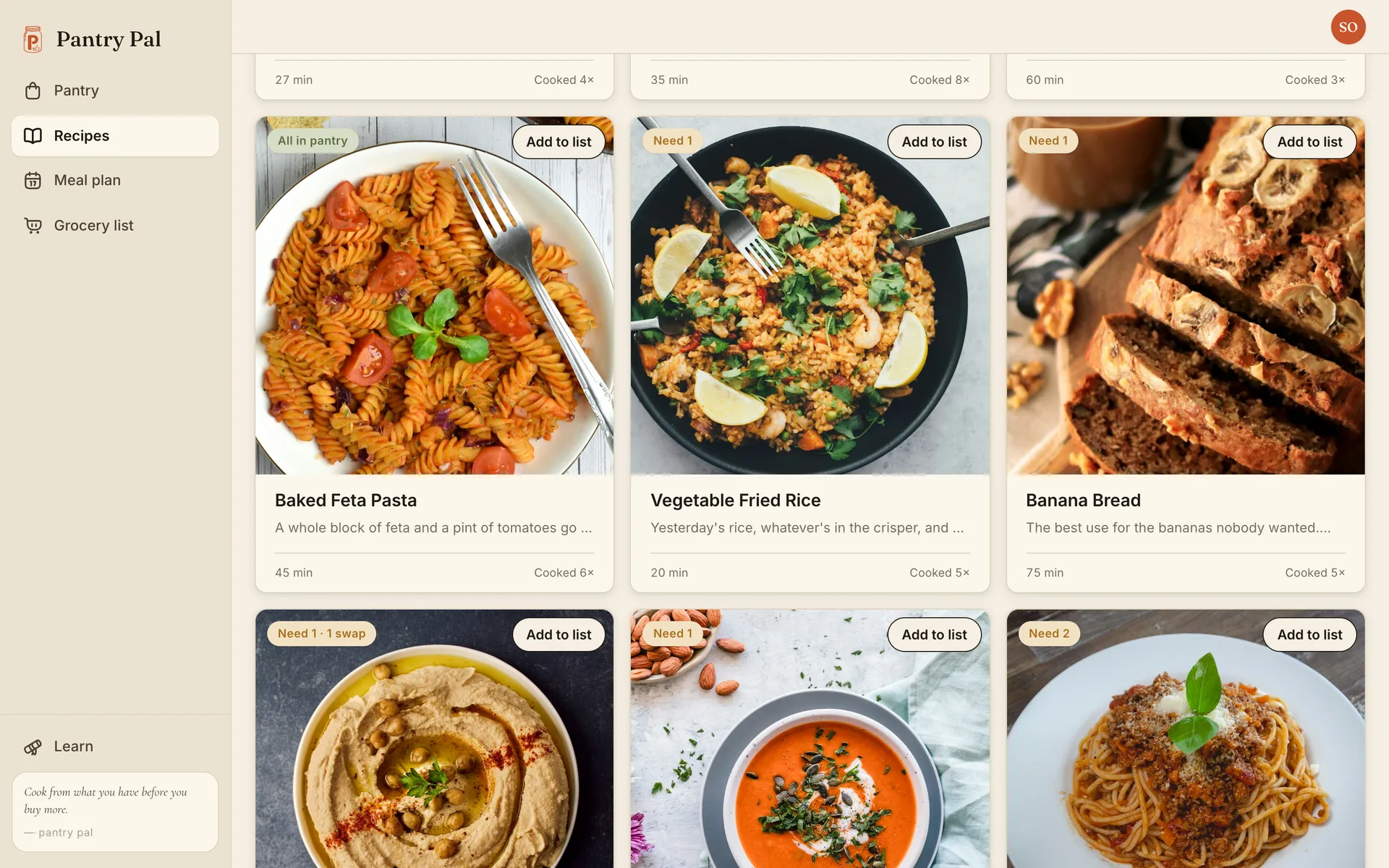 Further down the sorted cookbook, Baked Feta Pasta still reads All in pantry, then Vegetable Fried Rice and Banana Bread read Need 1, Silky Hummus reads Need 1 · 1 swap, and Spaghetti Bolognese reads Need 2