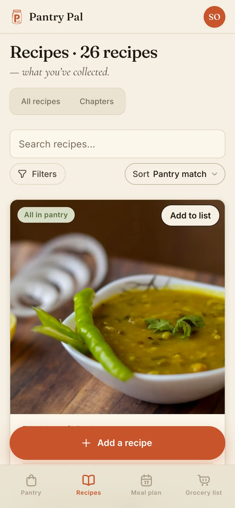The sorted cookbook on a phone, with Red Lentil Dal at the top marked All in pantry
