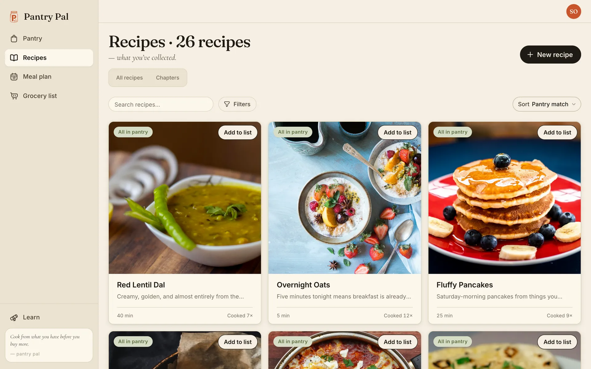 The recipes page sorted by pantry match, with Red Lentil Dal, Overnight Oats, and Fluffy Pancakes in the top row, each marked All in pantry