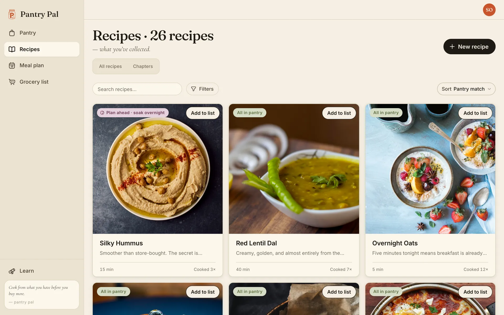 The recipes grid sorted by pantry match. Silky Hummus is first with a Plan ahead · soak overnight badge, ahead of recipes marked All in pantry