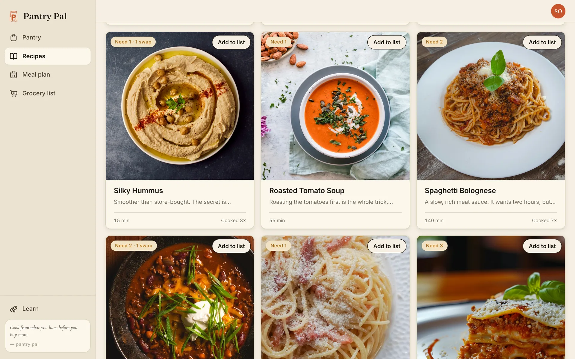 The recipes grid sorted by pantry match. Silky Hummus reads Need 1 · 1 swap and Beef Chili reads Need 2 · 1 swap
