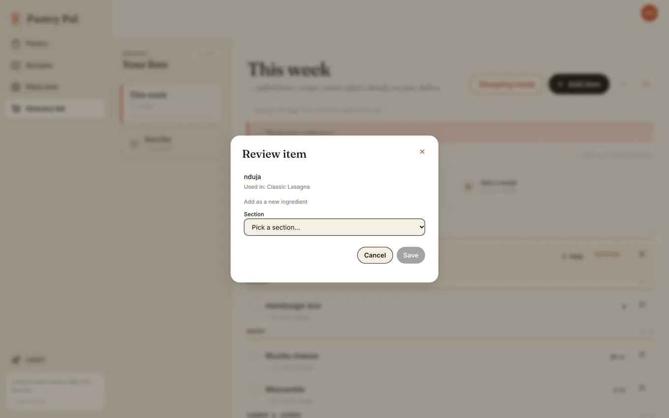 The 'Review item' dialog for nduja, used in Classic Lasagna, offering to add it as a new ingredient with a 'Pick a section' dropdown, and Cancel and Save buttons