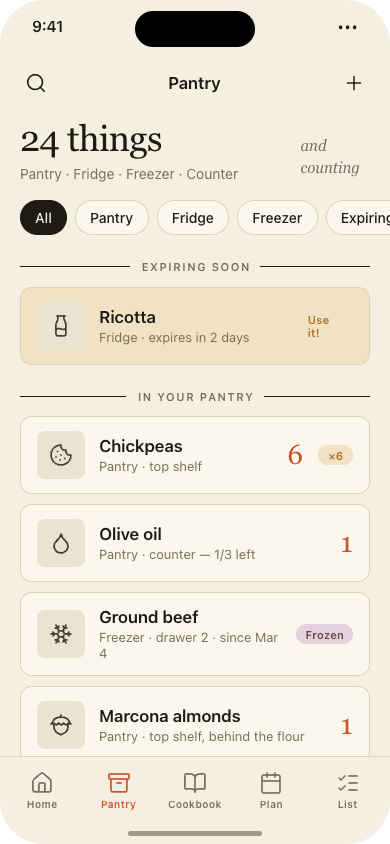 Pantry Pal showing a kitchen inventory: 24 things tracked across pantry, fridge and freezer, with a ricotta flagged as expiring and six cans of chickpeas counted.