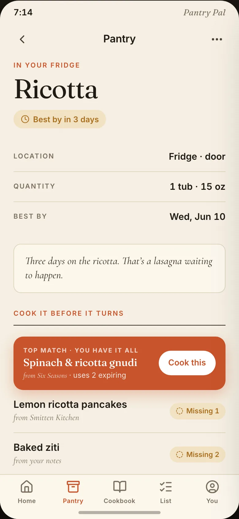 A Pantry Pal item screen for ricotta: best by in three days, one 15-ounce tub in the fridge door, and saved recipes that use it — spinach and ricotta gnudi flagged as a full match.
