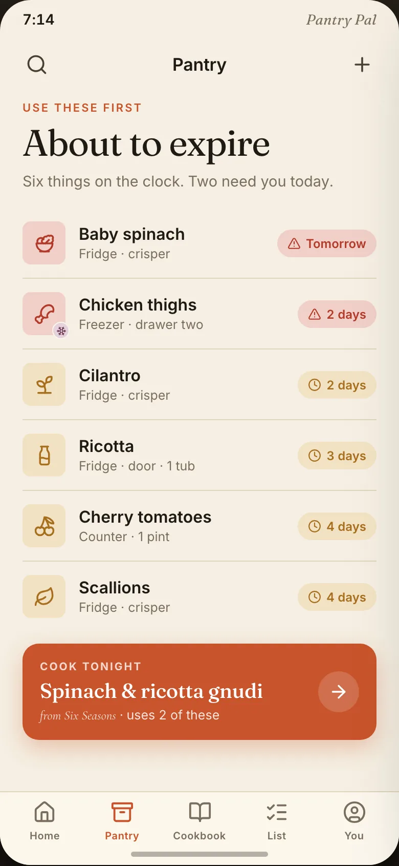 Pantry Pal's pantry screen listing items about to expire — baby spinach due tomorrow, chicken thighs in two days, ricotta in three — with a prompt to cook spinach and ricotta gnudi tonight.